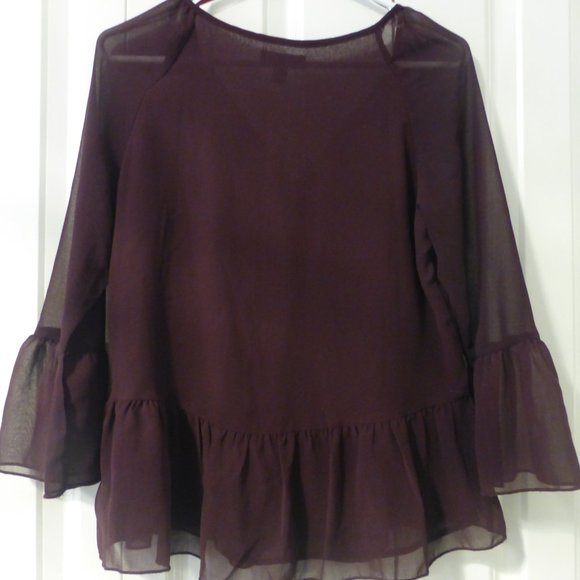 LE CHATEAU burgundy semi-sheer ruffle chiffon v-neck 3/4 sleeve blouse - Picture 6 of 9